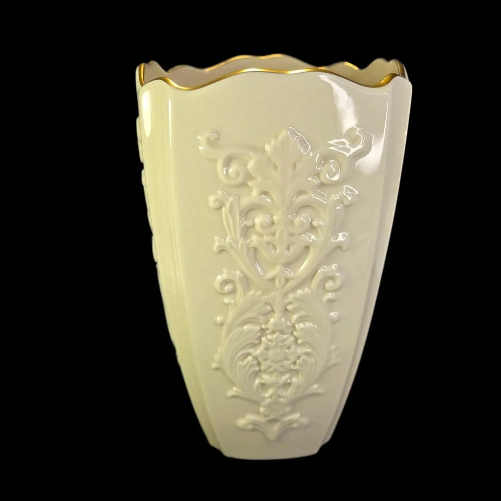 Lenox Eros Vase Cream Gold Trim Embossed Floral Design Porcelain Scalloped Edge